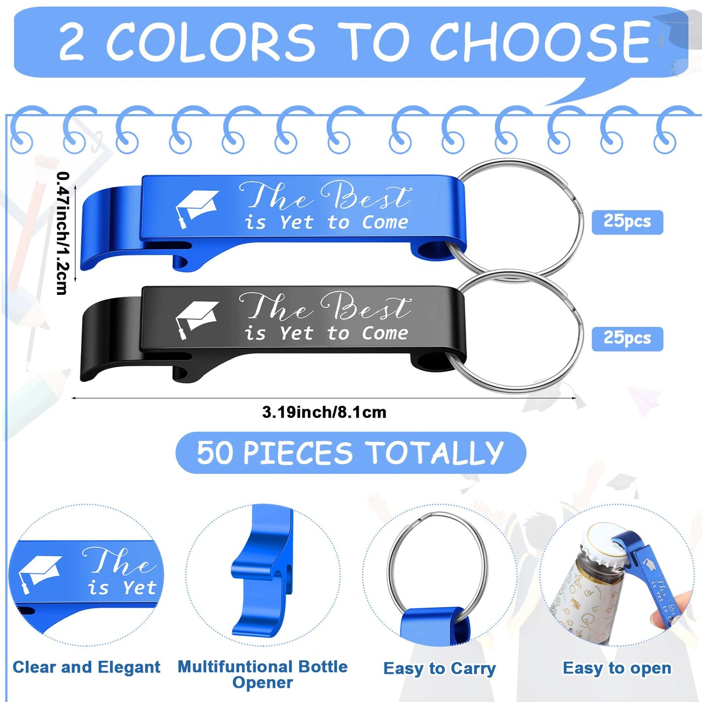 Jingmore 50 Sets Graduation Party Favors Bulk Class of 2026 Graduation Gifts Grad Cap Bottle Opener Keychain with Thank You Cards Class of 2026 Reunion Souvenirs Favors for Guests (Blue,Black)