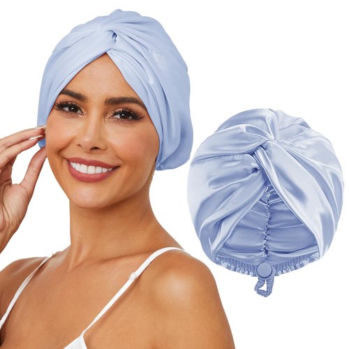 HFRHTGY Adjustable Silk Satin Hair Bonnet for Sleeping, Double Layer Hair Wrap Sleep Cap Turban for Women Men, Curly Straight Hair Long Large Braid Unisex (Misty Sky Blue 88)