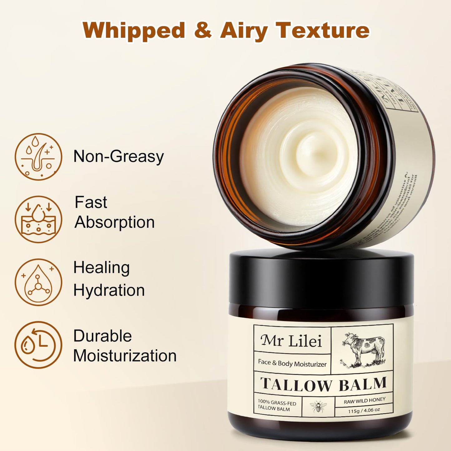Lilei Beauty Beef Tallow for Skin, Grass-Fed Beef Tallow and Honey Balm, Whipped Body Butter & Face Moisturizer, Unscented Body Cream, Soothes Dry & Sensitive Skin