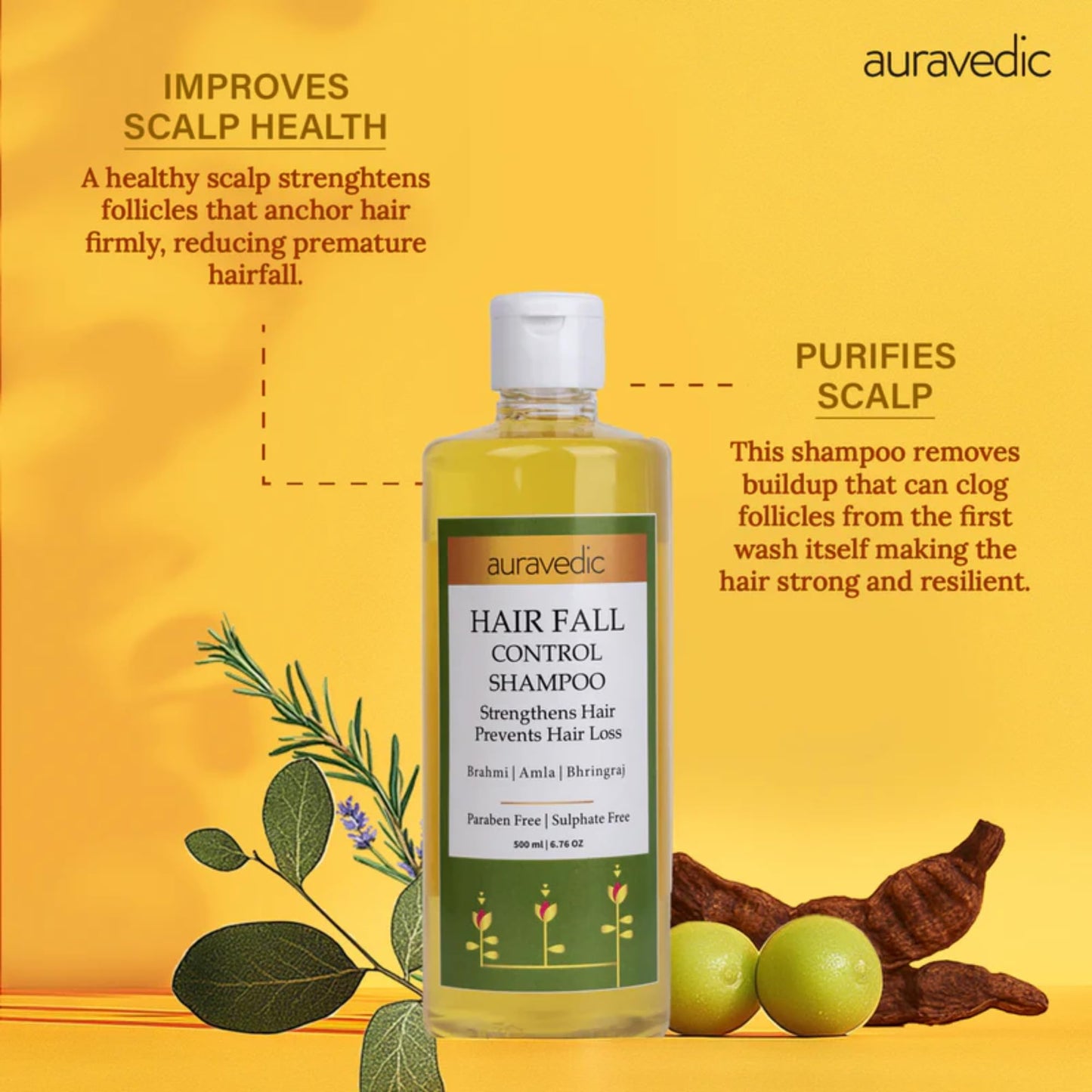 Auravedic Hair Loss Shampoo for Thinning Hair | Hair Growth & Thickening with Bhringraj, Amla & Brahmi | Reduces Hair Fall & Breakage | Sulfate Free Color Safe for Women & Men | 16.91 Fl Oz (500ml)