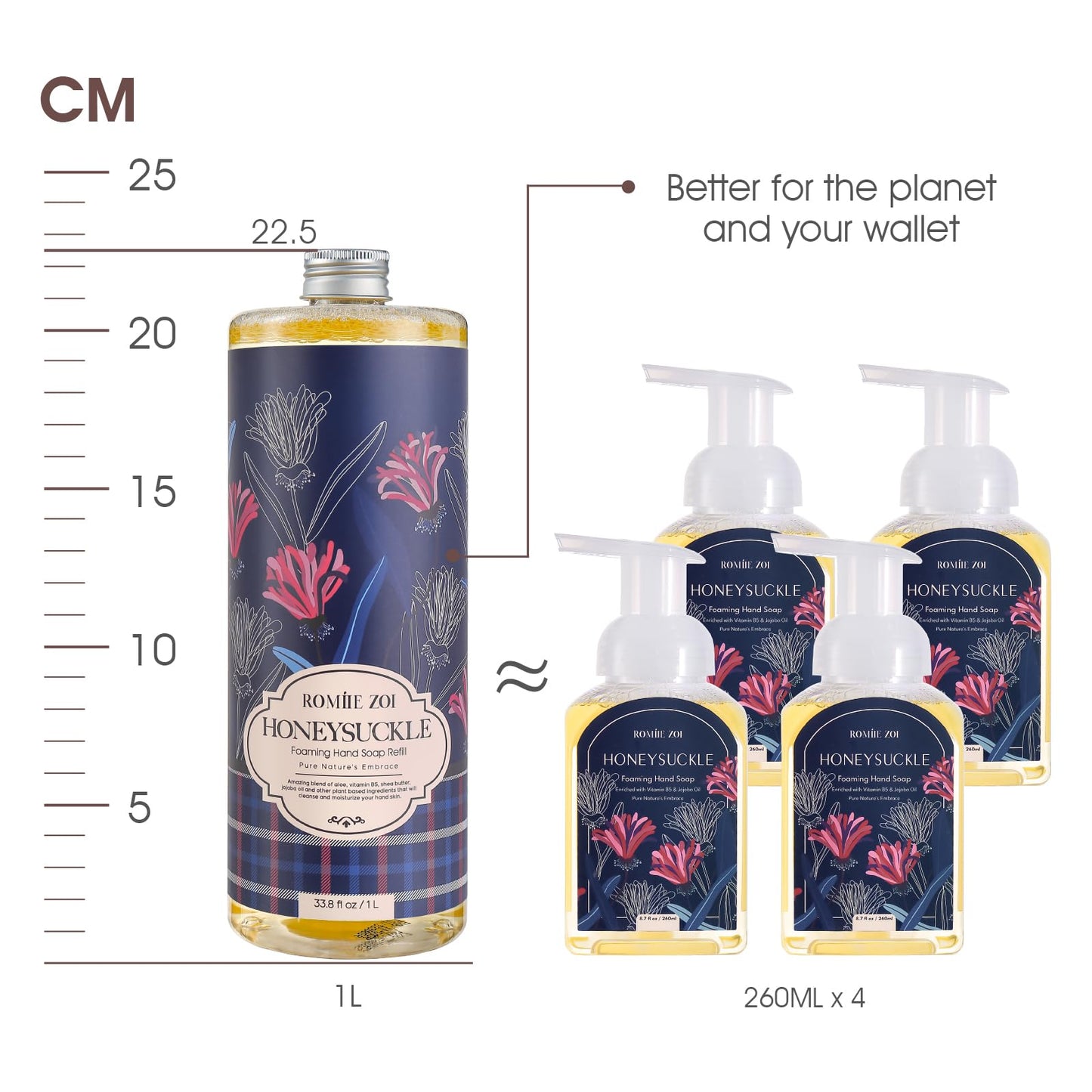 ROMIIE ZOI Foaming Hand Soap Refill Gift Set – Honeysuckle Scent – 3 Pack (1000ML Each) with Dispenser, Gentle & Moisturizing Plant-Based Formula – Bulk Refill Bottles for Bathroom & Kitchen Use