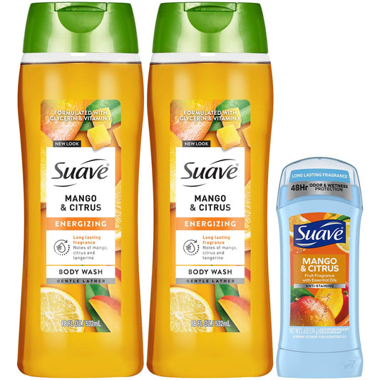 Suave Body Wash 2-Pack + Antiperspirant Deodorant, Mango & Citrus – Gentle Body Washes with Vitamin E & Anti-Staining Invisible Solid Deodorant Stick, 48H of Protection