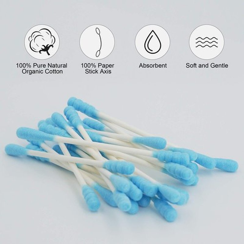 HOMEFOX Blue Cotton Swabs Spiral - 600 Count Organic Cotton Buds Double Side Tightly Wrapped Cotton Tips Paper Stick Soft Gentle Lint-Free Cruelty-Free, Round & Spiral (Blue)