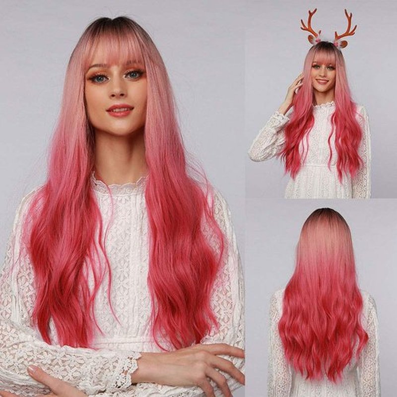 Yupher Ombre Pink Wig with Bangs Long Wavy Wigs for Women Pink Wigs with Bangs Heat Resistant Natural Wavy Synthetic Wigs for Daily Party Cosplay
