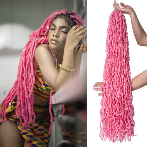 ZRQ Pink 36 Inch New Faux Locs Hair 3Packs Pre-Looped Goddess Locs Curly Wavy Soft Locs Crochet braids Dreadlocs Hair Afro Roots Synthetic Hair Extensions (36 Inch, PINK#)