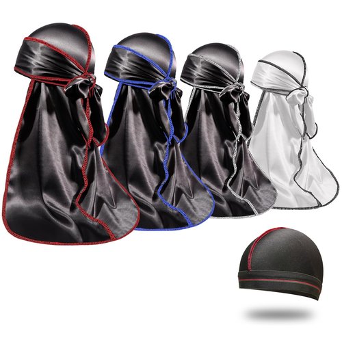 4PCS Silky Durags for Men Women 360 Waves with 1 Wave Cap, Silky Satin Durag Extra Long Tails