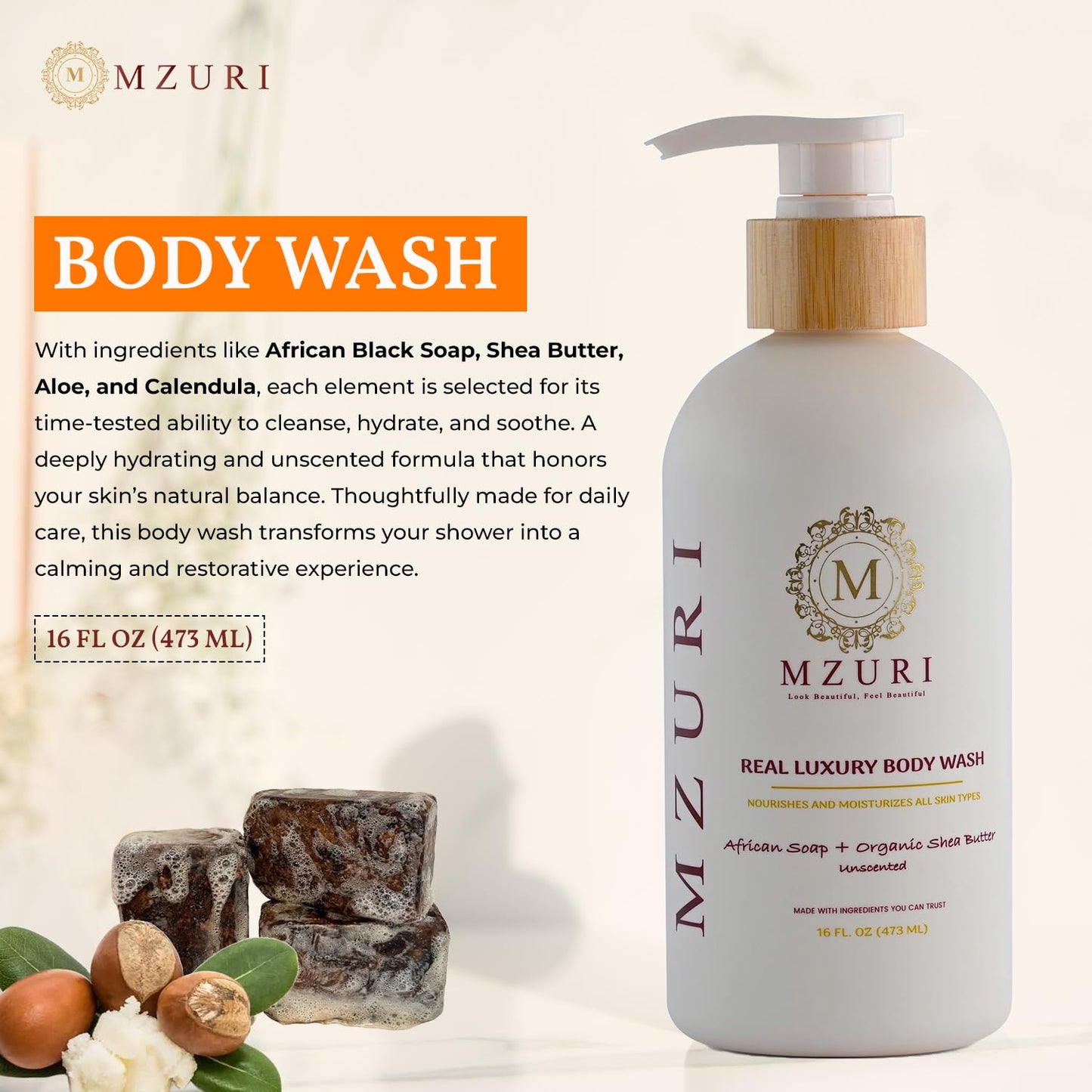 MZURI Unscented Body Wash, African Black Soap, Organic Shea Butter, and Calendula, Moisturizing, Hydrating, and Gentle Formula for Dry, Sensitive Skin, Paraben-Free Luxury Body Wash - 16 Fl. Oz