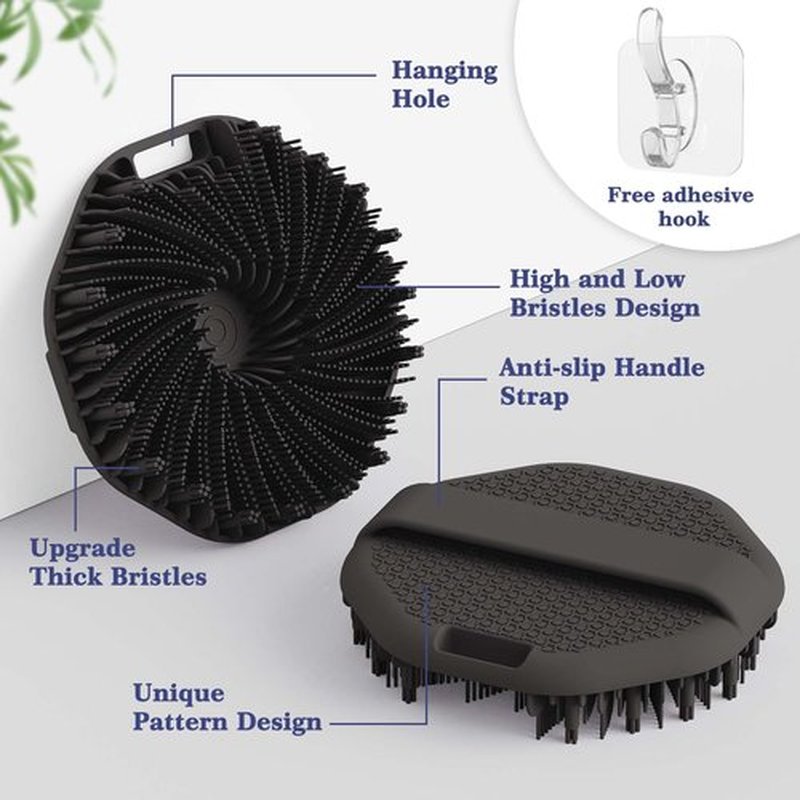 Manmihealth Slicone Scalp Massager & Upgrade Silicone Body Scrubber Set 2 PCS, Extra-Large Shampoo Brush & Body Scrubbers for Use in Shower with a Free Silicone Strap & Hook Style 2 (Black*2)