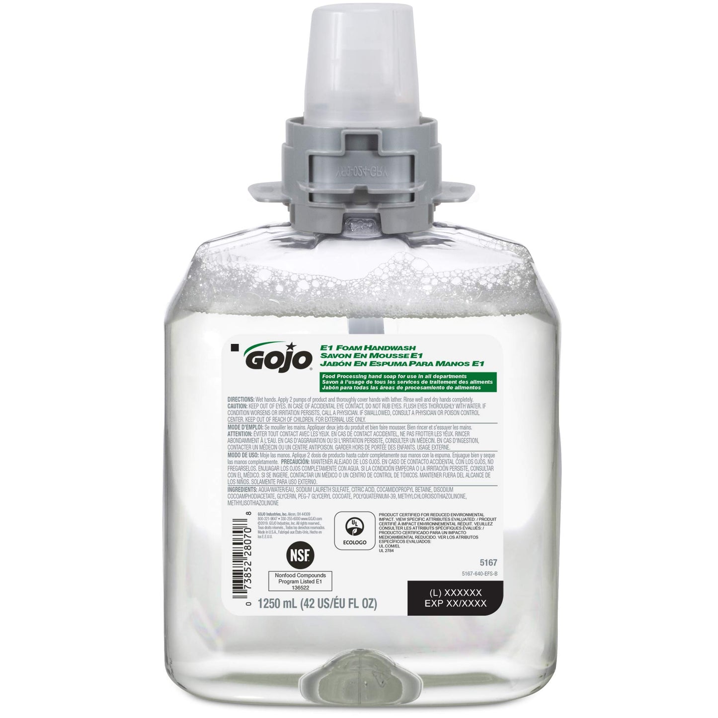 GOJO E1 Foam Handwash, Fragrance Free, 1250 mL Handwash Refill FMX-12 Push-Style Hand Soap Dispenser (Pack of 4) - 5167-04