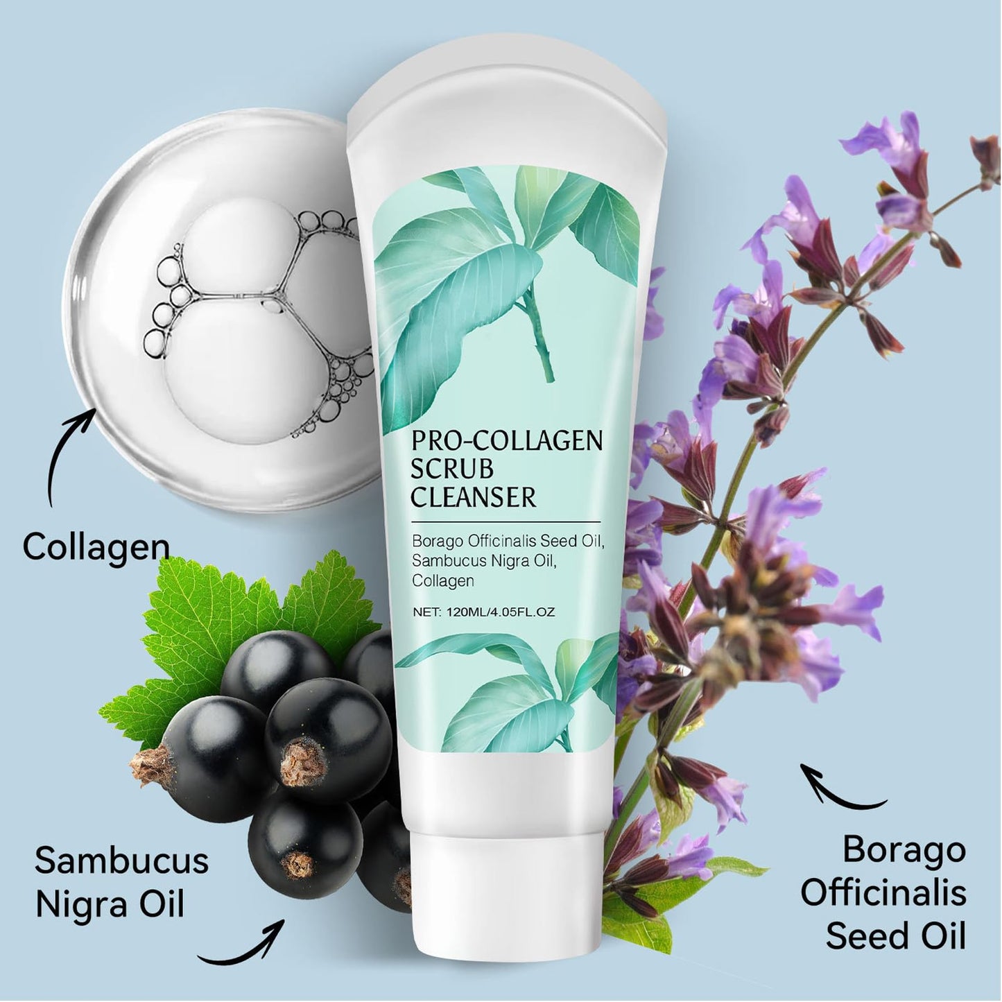 Exfoliating Face Scrub,3 In 1 Collagen Scrub Cleanser With Borago Officinalis Seed Oil,Sambucus Nigra Oil,Facial Cleansing And Exfoliating,Moisturizing And Firming The Skin - 4.05 Fl Oz