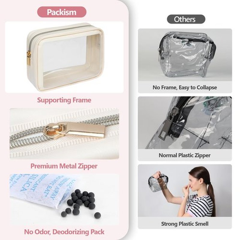 PACKISM TSA Approved Toiletry Bag - Amazing Color-Edged Clear Makeup Bag, 3 Pack in Spacious Space, Reusable Clear Toiletry Bags with Great Value, Beige