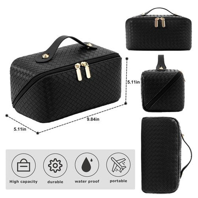 ALEXTINA Large Capacity Travel Cosmetic Bag - PU Leather Makeup Organizer Bag Portable Woven Makeup Bags for Women Waterproof Travel Toiletry Bag with Divider Pouch, Black