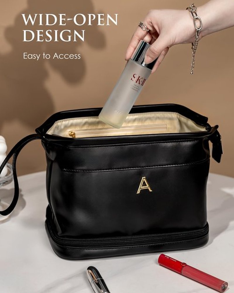 Vogewood Gifts for Women, Initial Large Makeup Bag, Travel Essentials, Personalized Double Layer Cosmetic Bag with Makeup Brush Organizer, PU Leather Travel Toiletry Bag, Gifts for Friends Female Mom