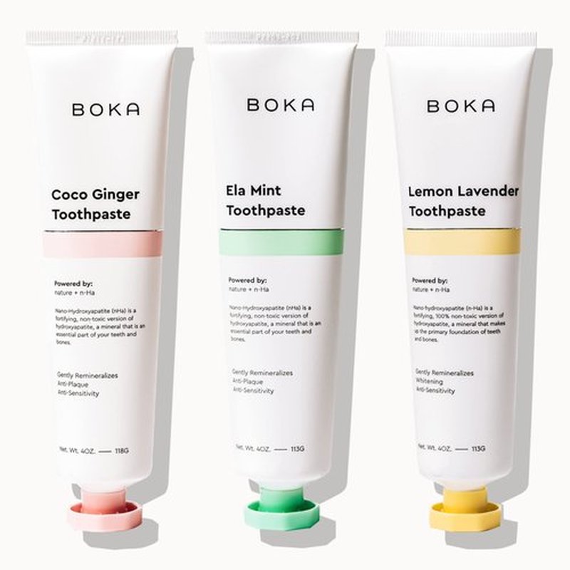 Boka Fluoride Free Toothpaste- Nano Hydroxyapatite, Remineralizing & Whitening- Dentist Recommended for Adult, Kids- Ela Mint, Coco Ginger, Lemon Lavender Flavor, 3 Piece Assortment- US Manufactured