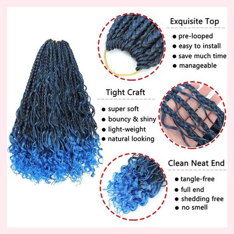 8 Packs Blue Boho Box Braids Crochet Hair 12 inch Pre-looped Crochet Box Braid Synthetic Braiding Hair with Curly Ends Goddess Box Braids Crochet Hair Extensions for Women(12" 8 Packs, T1B/Blue#)