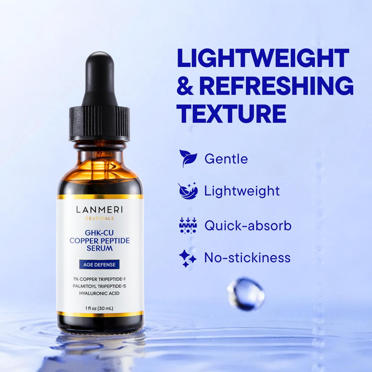 Lanmeri Copper Peptide Serum for Face:1% Copper Peptide (GHK-Cu) Anti-Aging Serum to Smooth Fine Lines, Improve Elasticity & Boost Collagen - Soothe & Repair Skin Barrier with Centella Asiatica