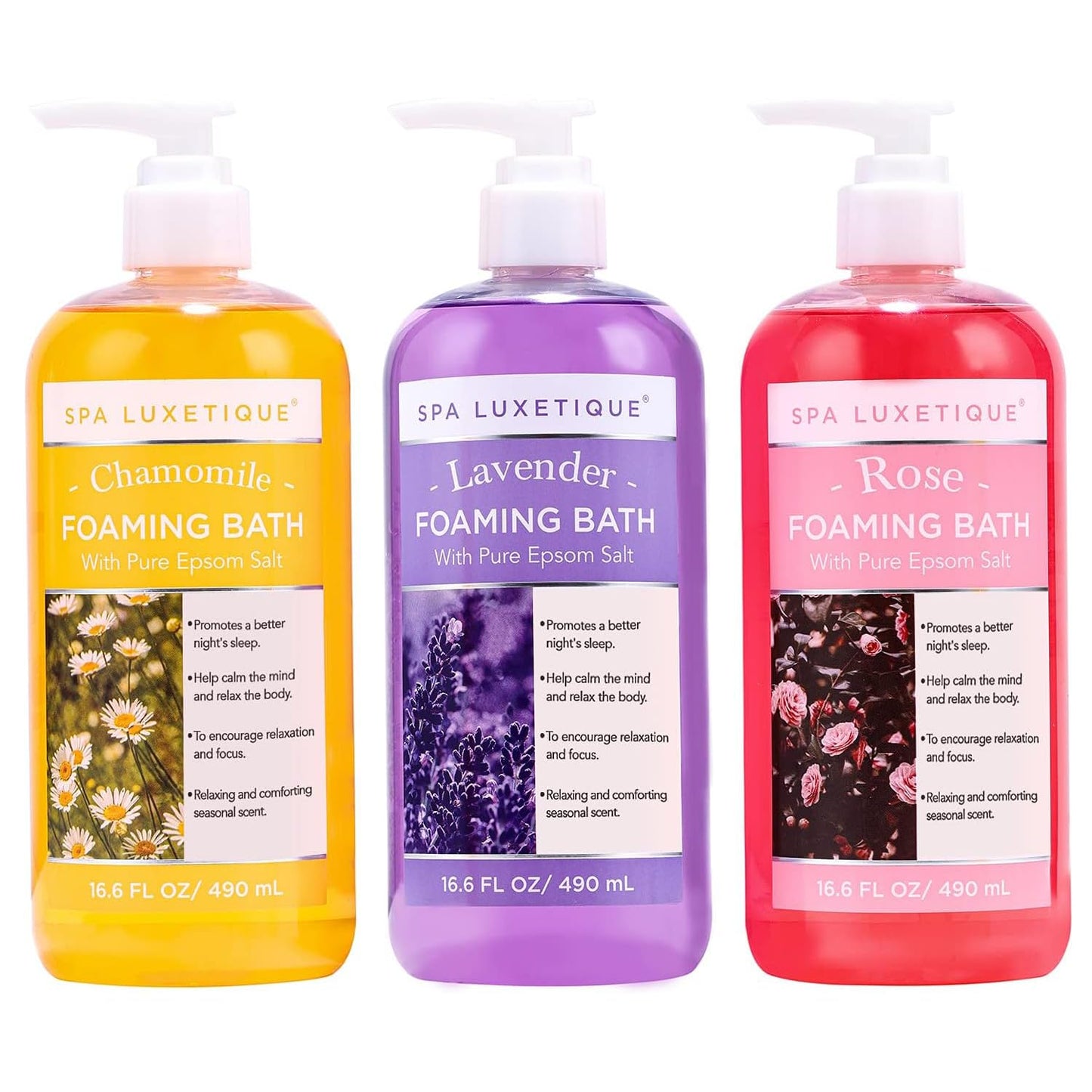 Spa Luxetique Bubble Bath, Foaming Bath with Epsom Salt, Chamomile Rose and Lavender Scent Bathing Set, 3 Pack 49.8 fl oz Mothers Day Gifts Set for Women and Men