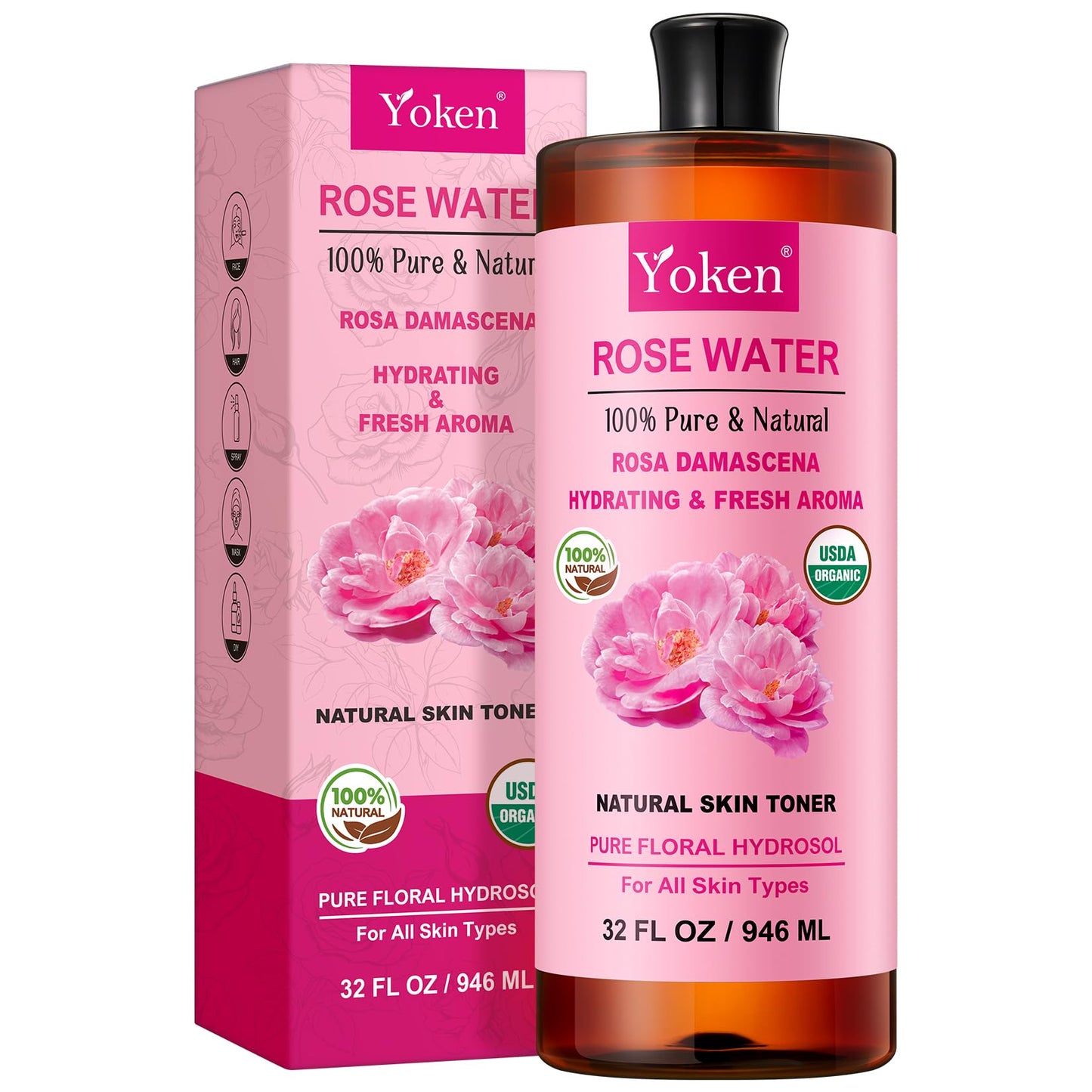Yoken Pure Rose Water Toner for Face, 32 Fl Oz Bulk, 100% Rosa Damascena Rose Hydrosol, Refreshing Rosewater for Hair, Skin, Alcohol Free, Dye Free
