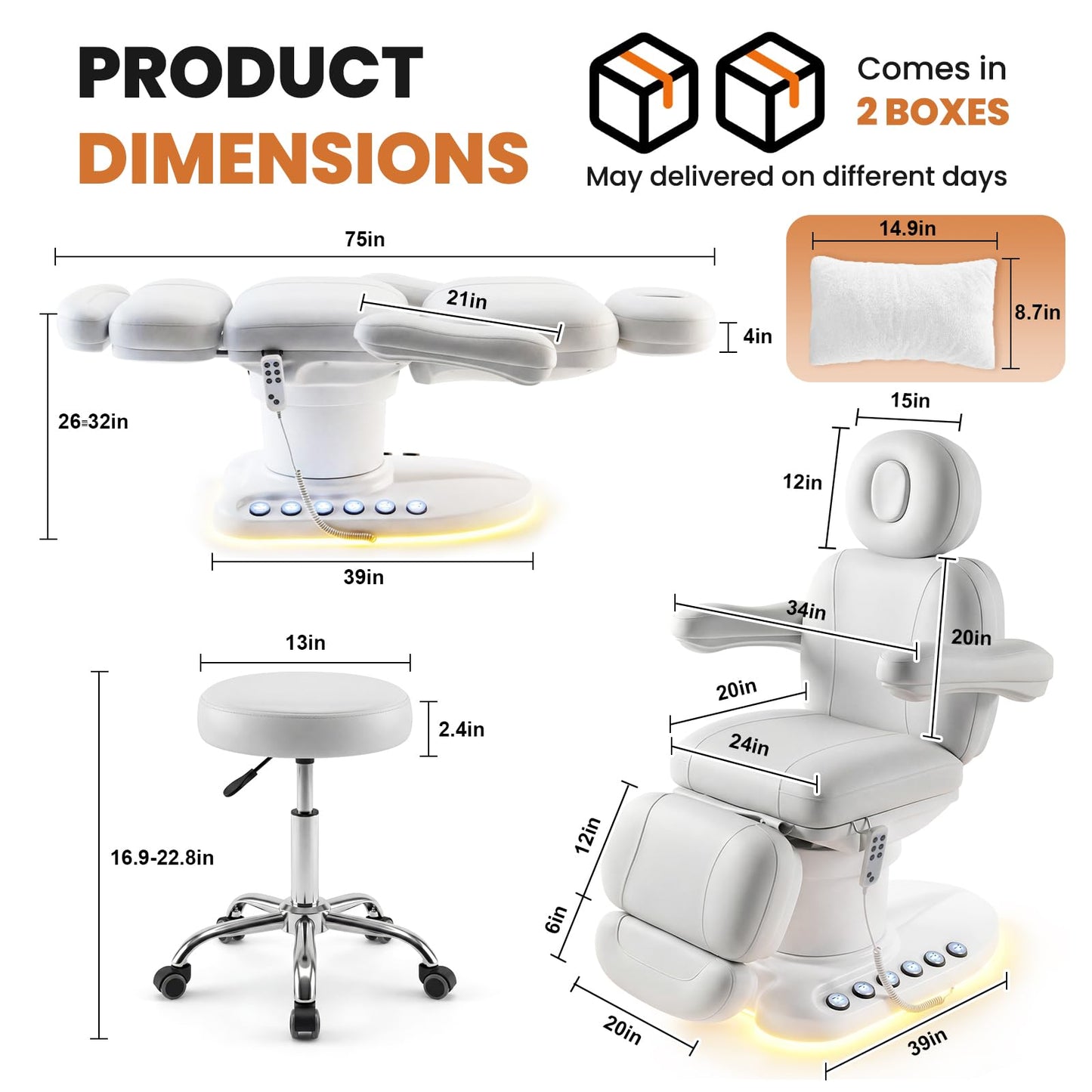 Oakvera Fully Electric Massage Table with 3 Motors, Professional Esthetician Bed with LED Light, Height, Length & Angle Adjustable Beauty Spa Bed for Facial & Medical, Stool Included, White