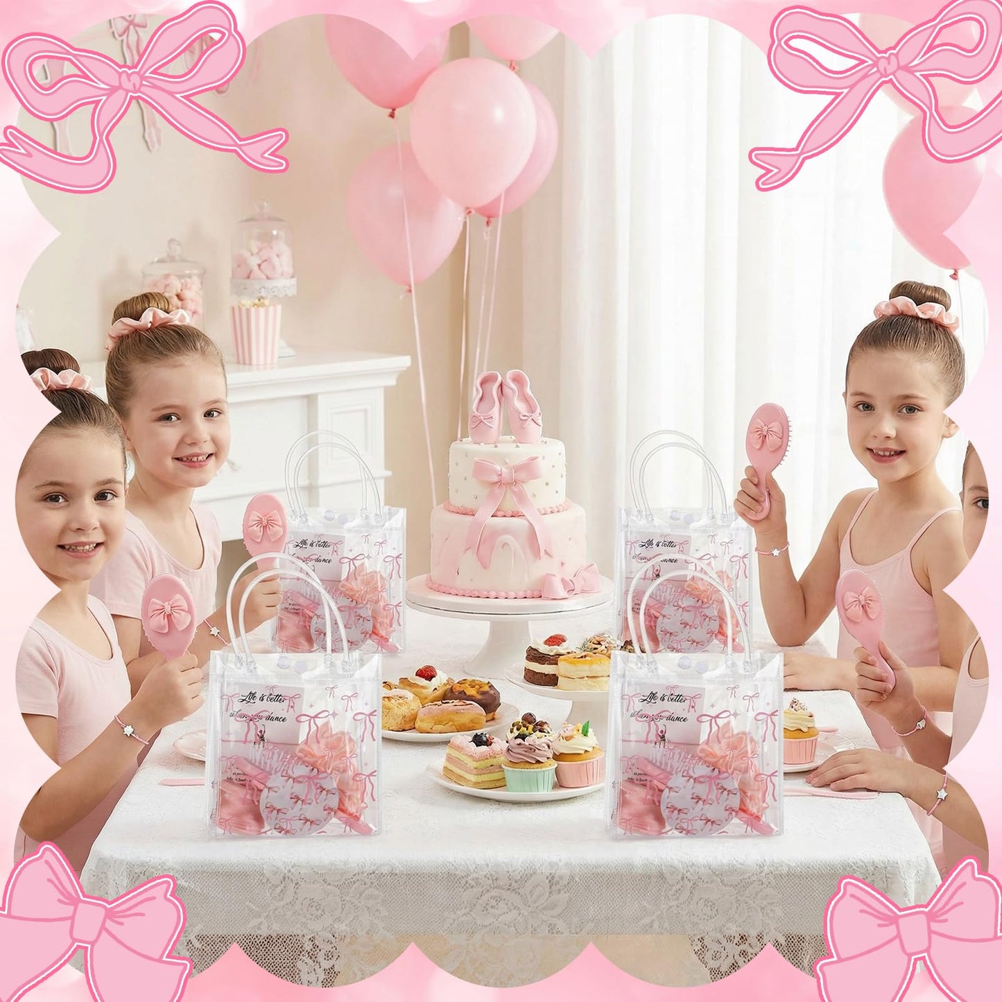 Ferrochef 12 Sets Pink Ballerina Party Favors Dance Back to School Gifts Bulk Dance Birthday Party Supplies with Scrunchies Hair Brush Card Compact Mirror Bracelet Bags Ballerina Team Gifts for Women