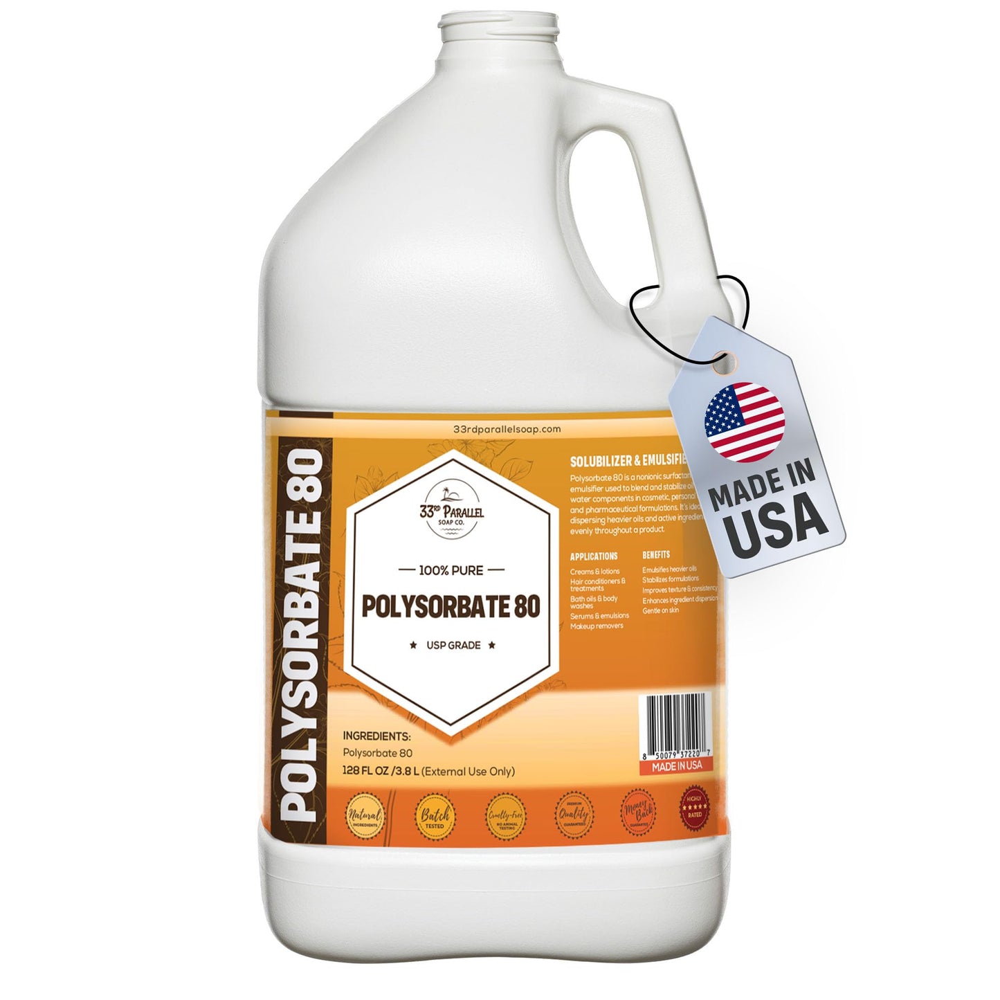 Polysorbate 80 (128oz / Gallon) | USP Grade - Tween 80 Natural Emulsifier & Solubilizer for Essential Oils, Fragrances, Lotions, Shampoos & Bath Product | Improves Clarity & Stability | 1 GALLON