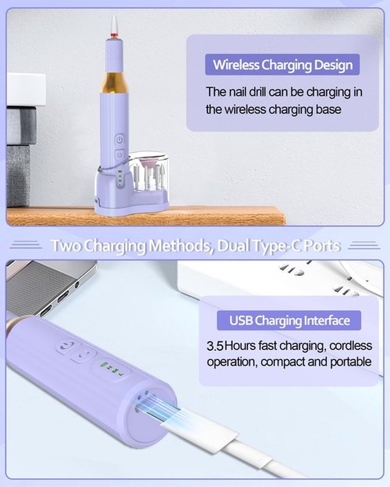 DEEHENK Nail Drill,Cordless Electric Files for Gel Nails E-File Manicure Kit Women Rechargeable Wireless Drill para Uñas Profesional Machine Grinder Acrylic Purple