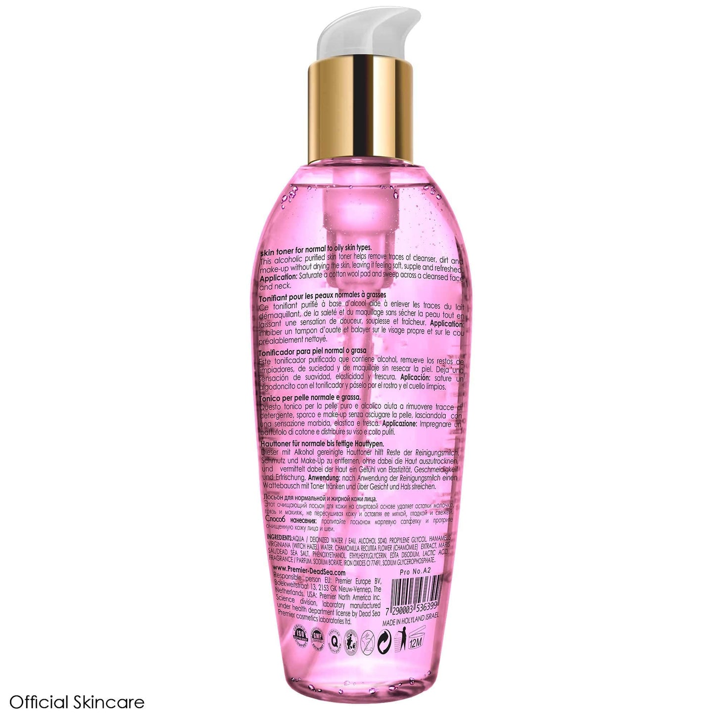 Premier Dead Sea Skin Toner Normal To Oily Skin, pH 5.5 balancing, alcoholic cleanser that is mild and gentle to skin, with natural ingredients of witch hazel and minerals 8.5fl.oz