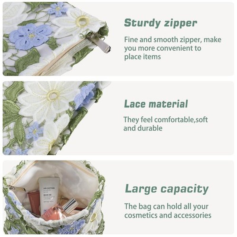 ZLFSRQ Lace Flower Makeup Bag Travel Cute Floral Cosmetic Bags for Women Large Makeup Pouch Zipper Cosmetic Pouch for Purse Aesthetic Makeup Organizer Bag Portable Toiletry Bag