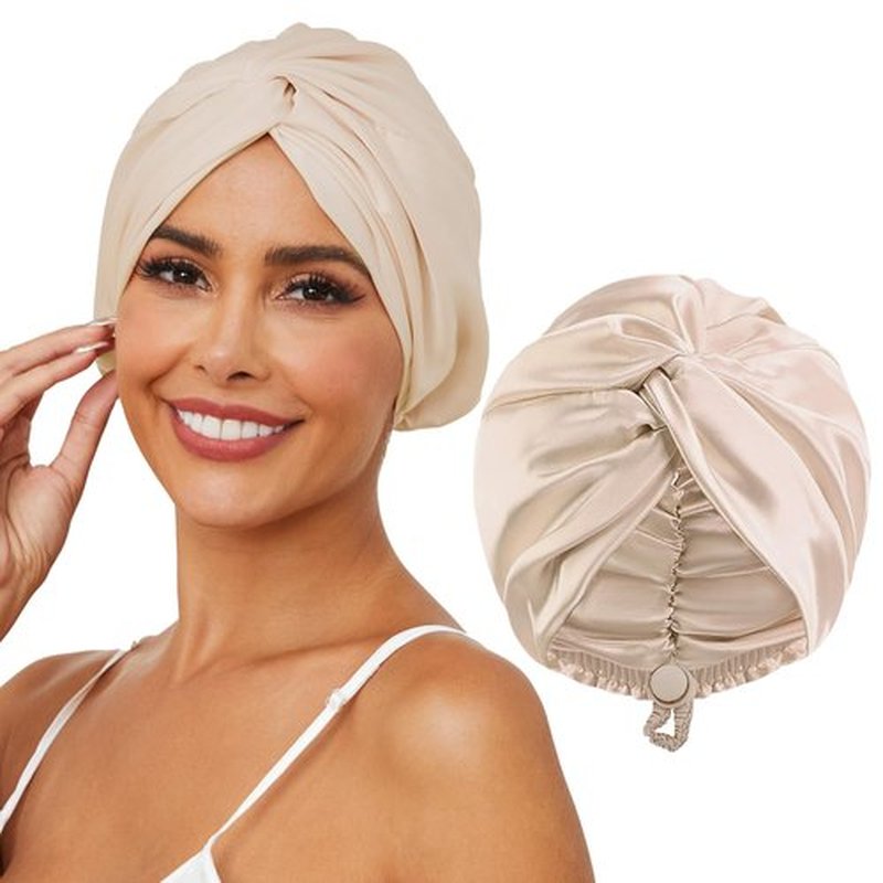 HFRHTGY Adjustable Silk Satin Hair Bonnet for Sleeping, Double Layer Hair Wrap Sleep Cap Turban for Women Men, Curly Straight Hair Long Large Braid Unisex (Royal Champagne)