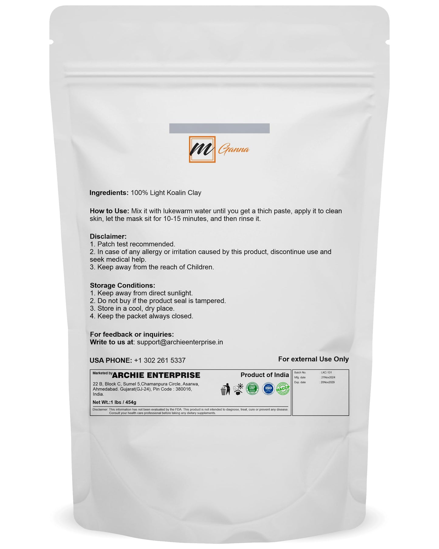 mGanna 100% Natural Light Kaolin Clay Powder (1 Pound) for Facial Masks, Creams, Face Masks, and Soap Making 1 LBS / 454 GMS