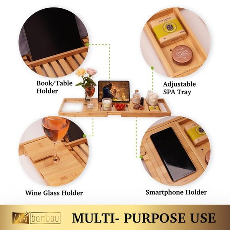 Bamboo Bathtub Caddy Tray for Luxury Bath, Expandable Bath Tray for Tub with Book and Wine Holder- Gift Idea for Loved Ones