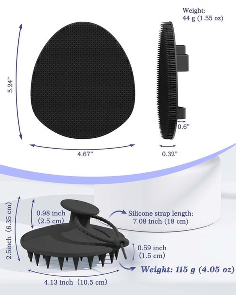 Manmihealth Silicone Hair Scalp Massager & Soft Bath Glove Set 2 PCS, Extra-large Shampoo Scalp Brush with Body & Face Scrubber for All Hair Skin Types with a Free Silicone Strap&Hook Style 1(Black*2)