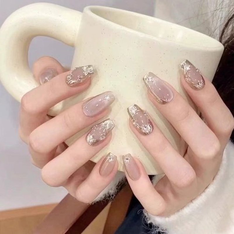 Lurenia • Lxssie Handmade Press On Nails Gift Set for Women,Reusable Cat Eye Nude Color with Hand-Painted Silver Texture - Nail Artist Designed (EXTRA SMALL-Cat Eye Nude Color, )