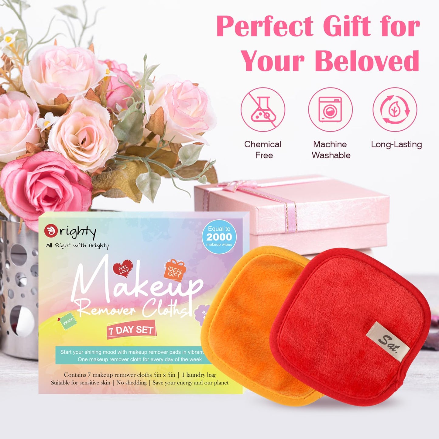 Orighty Makeup Remover Cloths 7-Day Set, Premium & Reusable Makeup Remover Pads, Erase Make-up With Just Water, Make-up Set For Eyes, Lips, Foundation and more, Ideal Choice For Women (Rainbow)