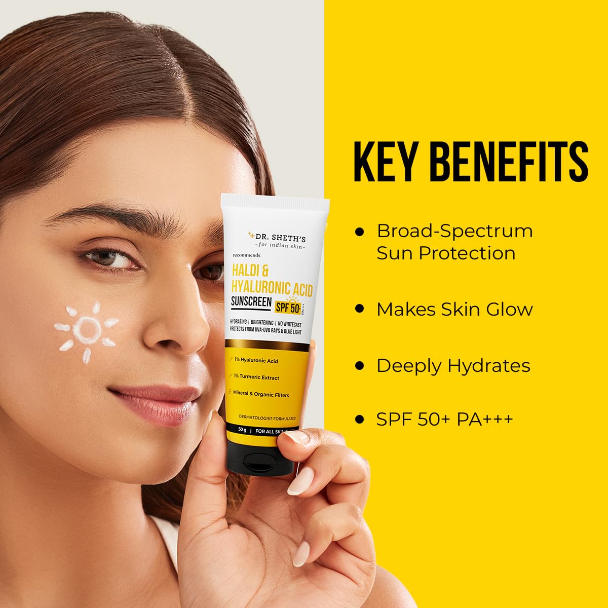 Dr. Sheth's Haldi & Hyaluronic Acid Sunscreen with 1% Hyaluronic Acid Spf 50+ Pa+++ Protects Against UVA/B & Blue Light Hydrating & Brightening For Men & Women For All Skin Type 50 g