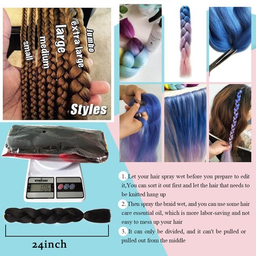Maysa Rainbow Braiding Hair 24in Jumbo Braiding Hair 6Packs Soft Synthetic Colored Hair Extensions for Kids #Sky blue-Pink-Purple-Rose red