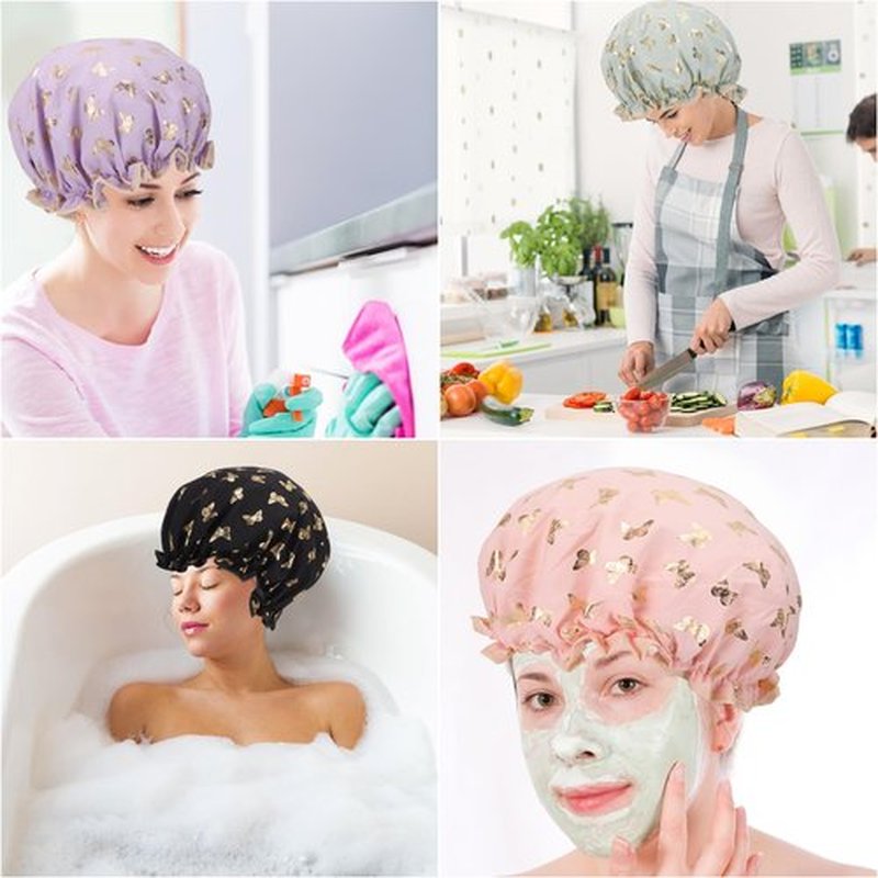 4 Pcs Shower Caps Hat for Women and Girl, Reusable Waterproof Bath Cap Double Waterproof Layers Butterfly