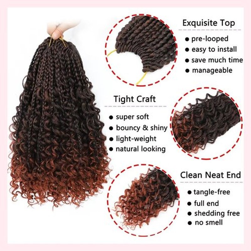 8 Packs Boho Box Braids Crochet Hair with Curly Ends 12 inch Copper Red Box Braid Crochet Hair with Curly Ends Goddess Box Braids Crochet Hair Extensions for Black Women(12", 8packs T1B/350#)