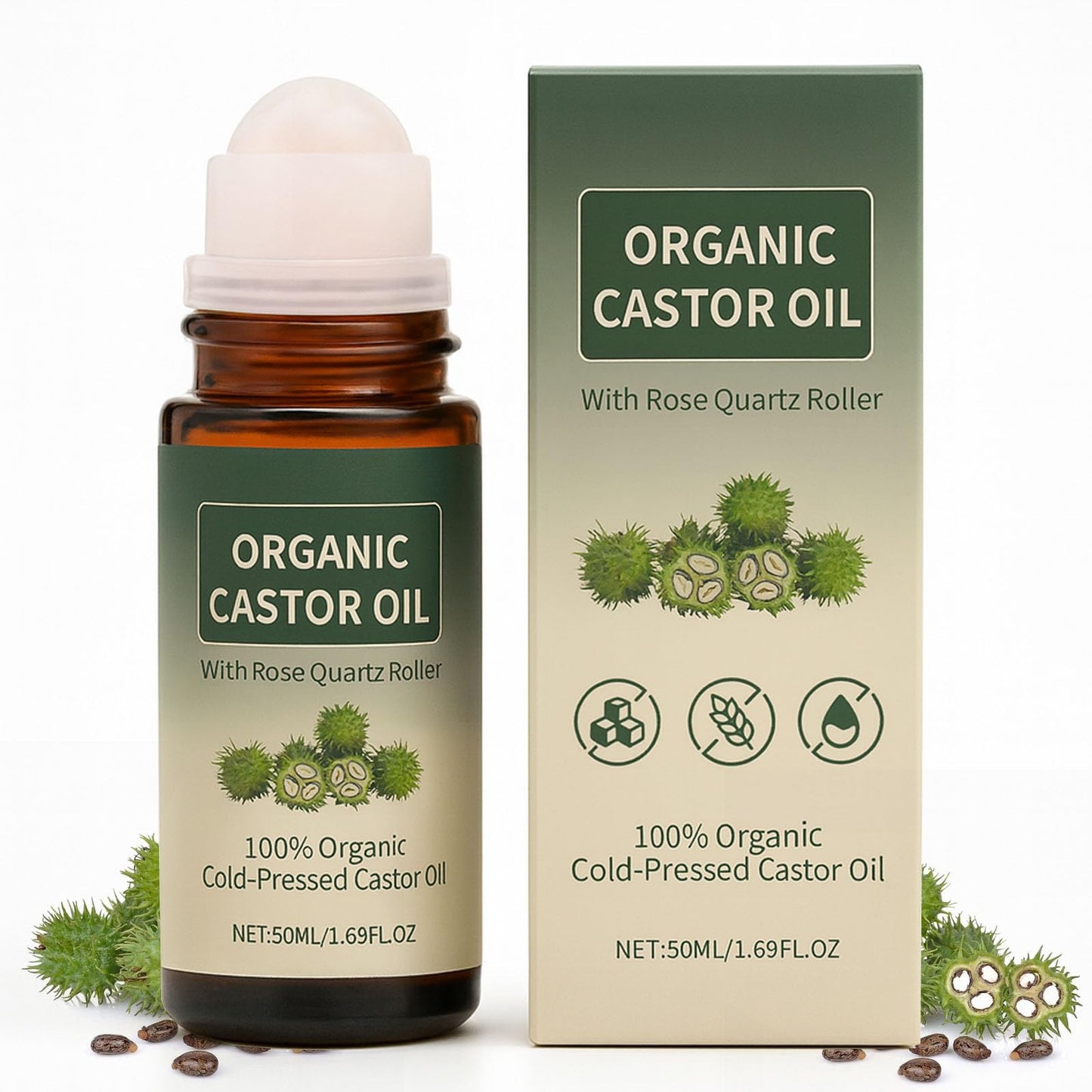 Maidlure Organic Castor Oil Roll-on with Rose Quartz, 100% Cold-Pressed Organic Castor Oil Glass Bottles Roller for Skin, Brows & Lashes 1.7oz (1)