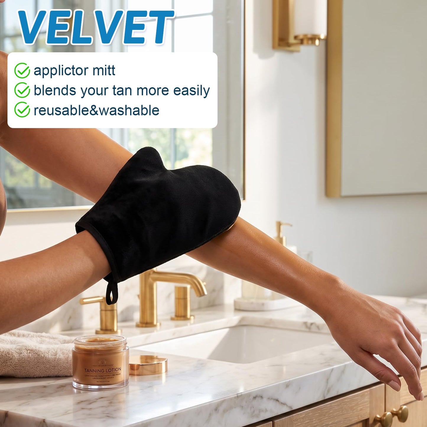 Self Tanning Mitts, Back Self Tanner Applicator Double Sided Reusable Sunless Tanning Mittens 4 in 1 Tanner Gloves with Thumb for Tan Lotion