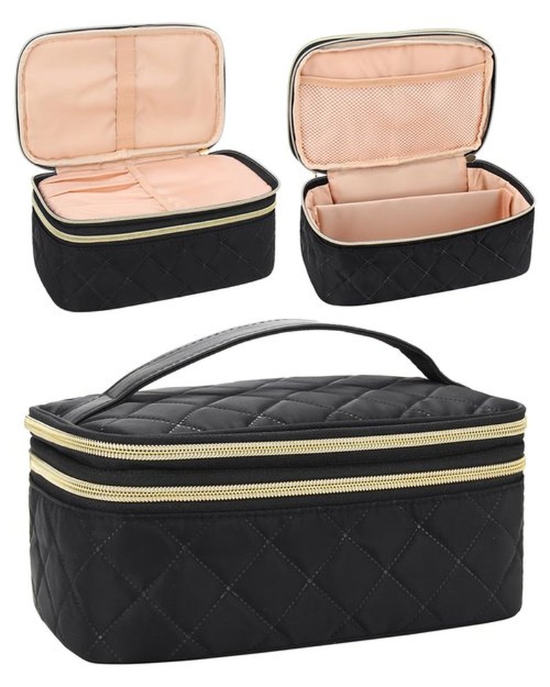 Relavel Travel Makeup Bag, Compact Cosmetic Bag for Women, Waterproof Makeup Brush Holder Organizer with Adjustable Dividers (Black)