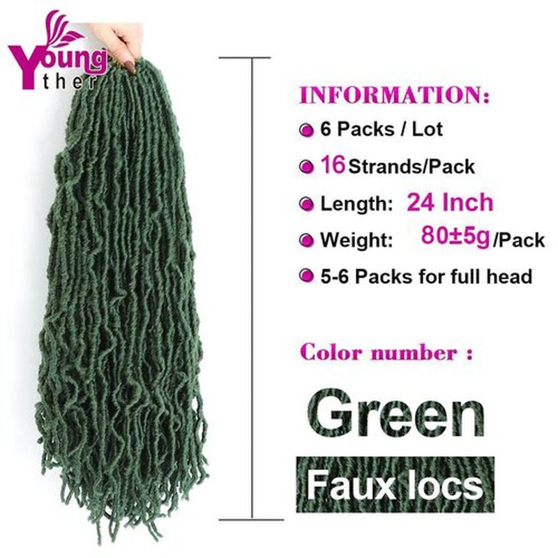 Youngther 24 inch New Faux Locs Crochet Hair 6 Packs Most Natural Soft Lcos Crochet Hair New Crochet Faux Locs Hair Synthetic Crochet Hair for Black Women (24inch,6packs,Green)