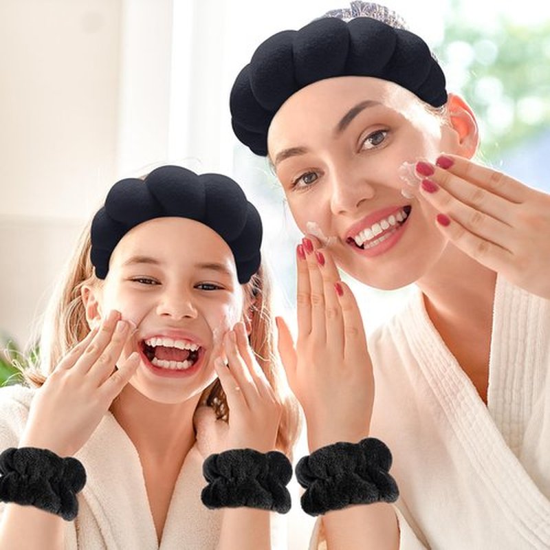 Zkptops Spa Headbands for Washing Face or Facial Sponge Makeup Skin Care Headband Wristband Set Towel Bubble Soft Sponge Hairband for Women Girls Puffy Winter Non Slip Thick Thin Hair Accessory(Black)