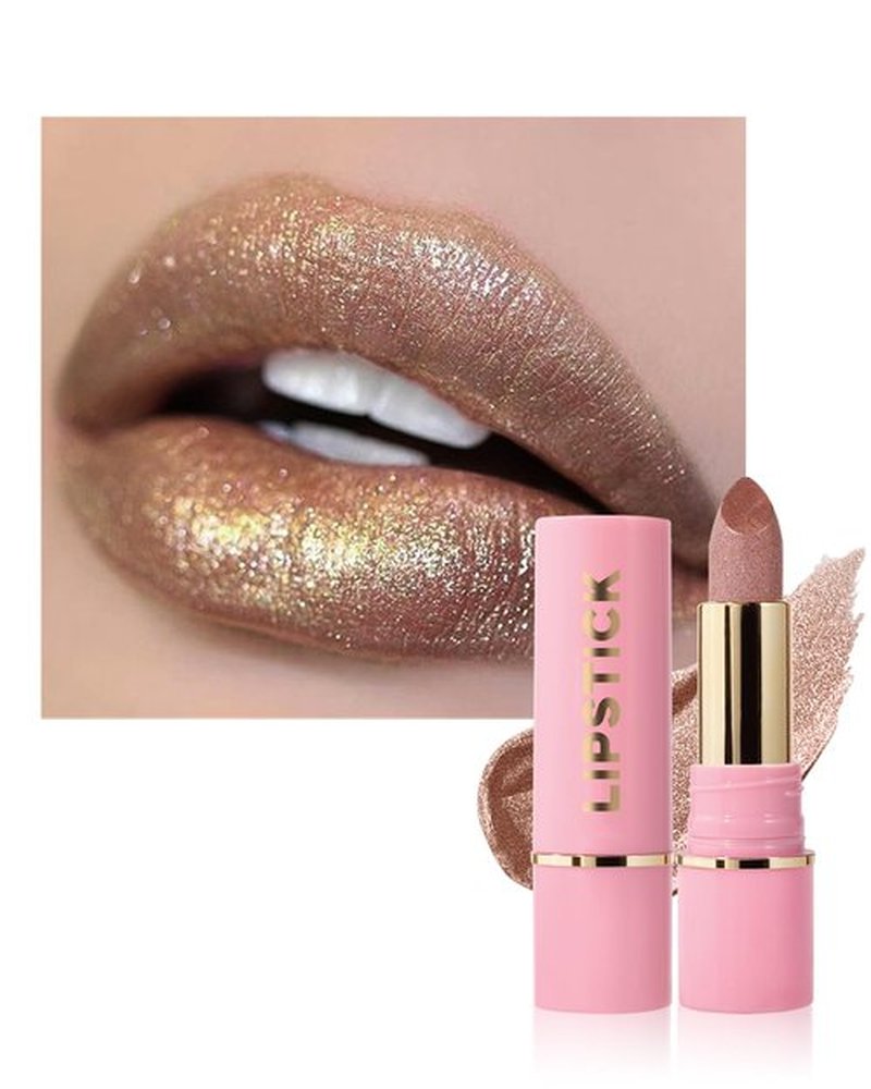 Glitter Metallic Shimmer Lipstick Long Lasting,High Shine Glitter Diamond Creamy Red Color Matte Lipstick Transfer Proof Non-Stick Lip Gloss Shimmer High Impact Full Coverage Lip Makeup for Women-01