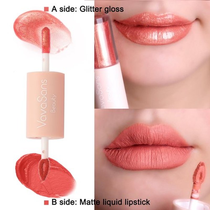 VavaSans Pink Peach Matte Liquid Lipstick with Pink Clear Glitter Lip Gloss 2 In 1 Dual Ended Highly Pigmented Long Lasting Non Sticky Transfer Proof High Shine Finish Makeup for Girls and Women