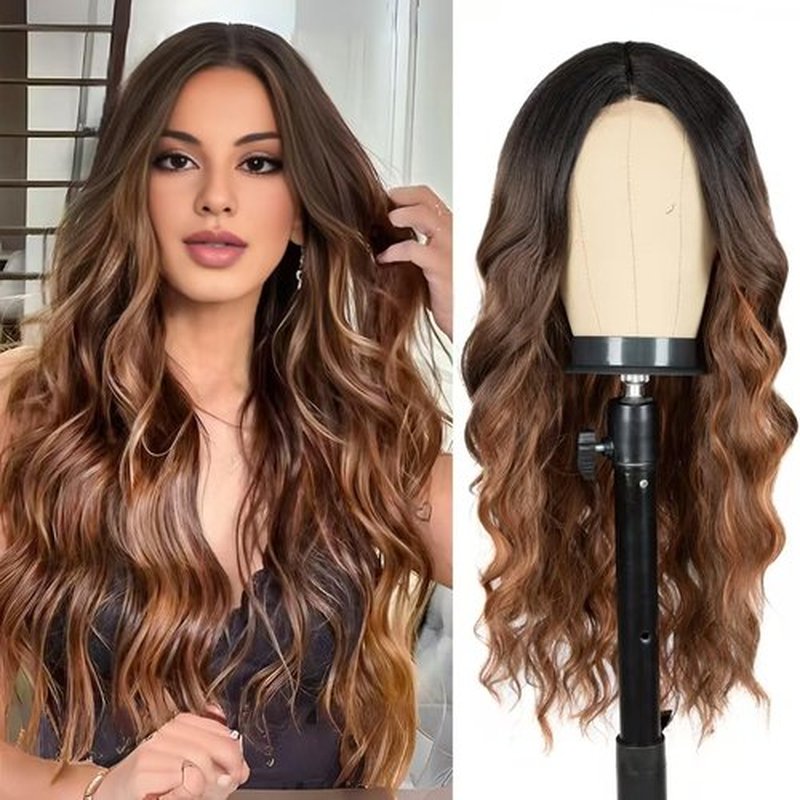 Long Brown Highlight Wig for Women 26 Inch Middle Part Wavy Women Charming Wigs Realistic Natural Looking Synthetic Heat Resistant Fiber Wig for Daily Party Use