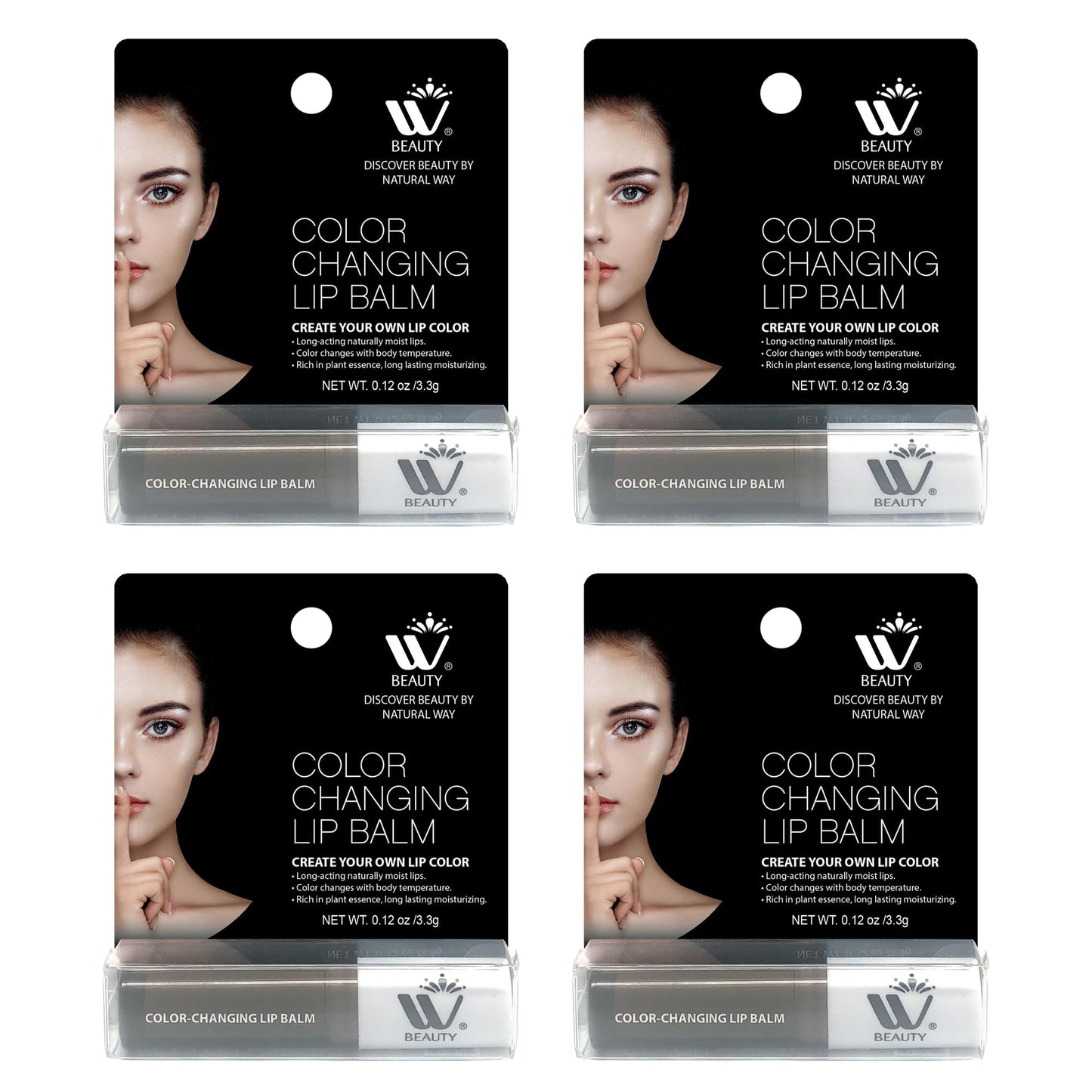 WBM Care Lip Balm 4-Pack, 3.3g Each – Enriched with Vitamin E, Color-Changing Tinted Moisturizer, Provides Long-Lasting Repair, Hydration, and Soft, Smooth Lips