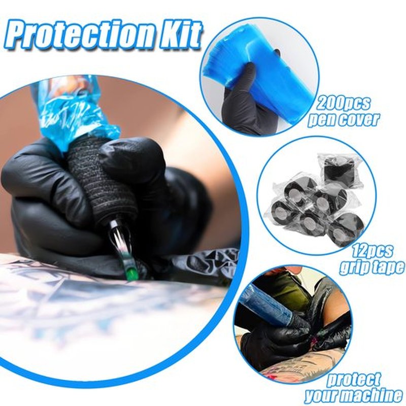 Tattoo Machine Covers with Grip Tape - YONGDA 200pcs Large Tattoo Pen Covers Bags Blue 2.56 * 7.08in Pen Machine Sleeves with 12pcs Grip Tape Wrap Self Adhesive Bandage Wrap