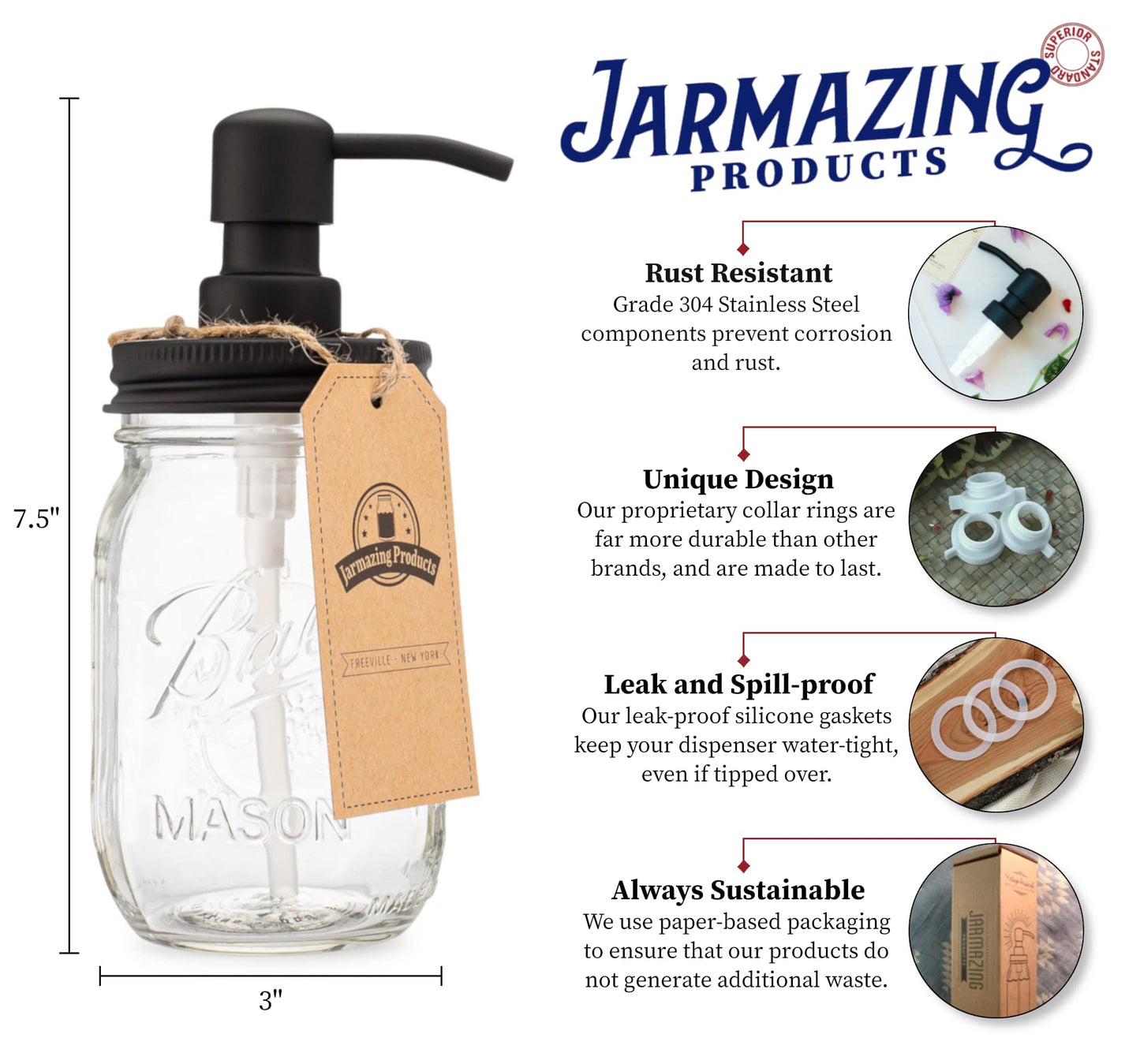 Jarmazing Products Mason Jar Soap Dispenser - Black - 16 oz Ball Mason Jar Liquid Dispenser for Kitchen & Bathroom - Glass - Dish Soap Dispenser with Rust Proof Stainless Steel Pump & Lid