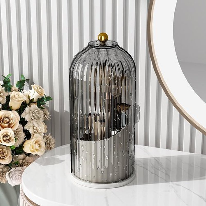 Zufudo Makeup Brush Holder Organizer with Lid 360° Rotating Makeup Organizer Countertop Dustproof Cosmetics Organizer for Vanity Bathroom, Grey White